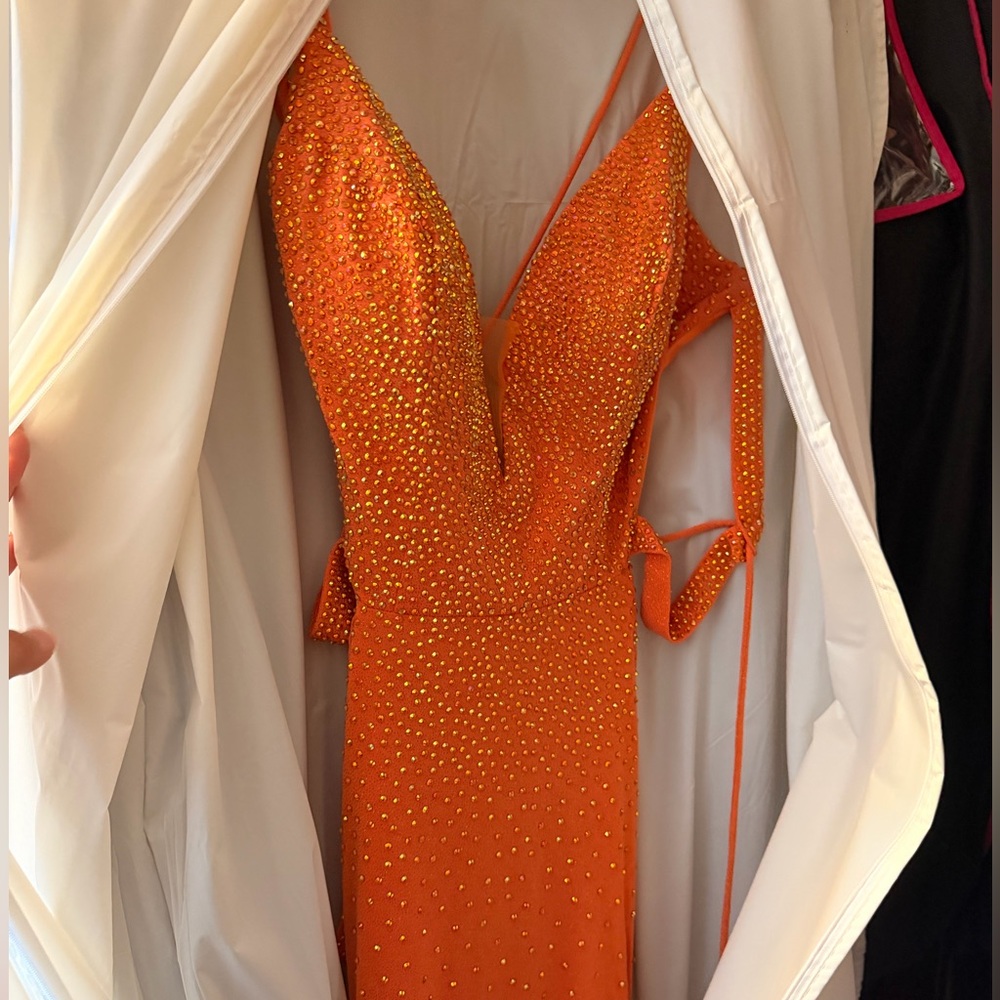 ellie wilde Orange Beaded Plunging Prom Gown